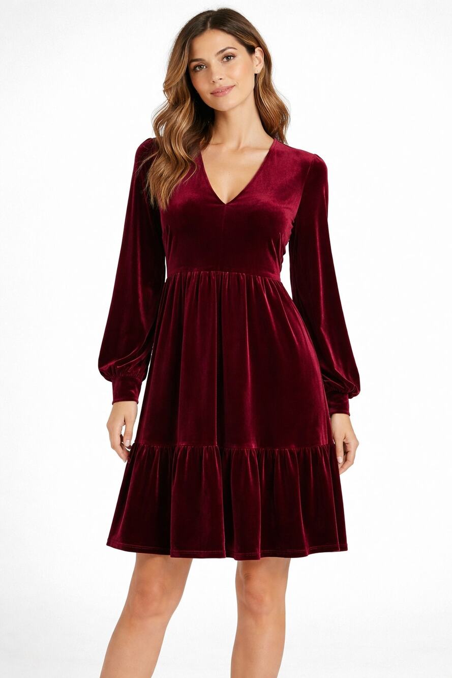 Taylor Dress Velvet Long Sleeve Tiered Dress Womens Size 10 V Neck Red Wine